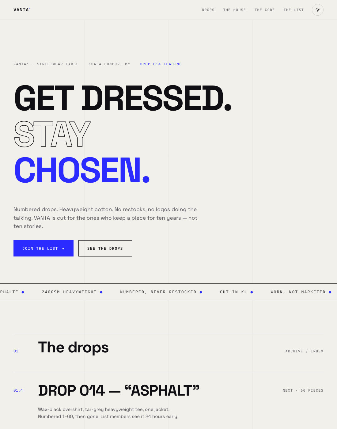 VANTA Studio — streetwear label website